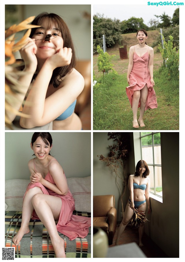 A collage of photos of a woman in a pink dress.
