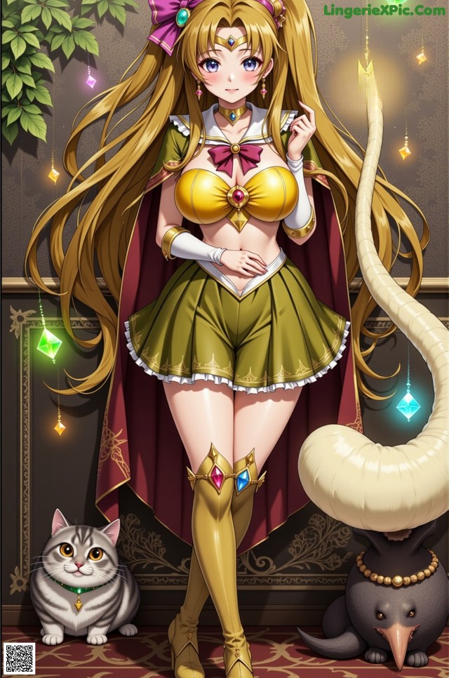 A woman in a sailor outfit holding a wand next to a cat.